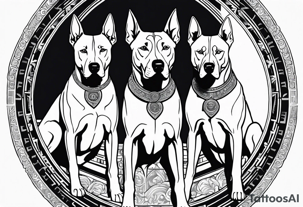 Querberus, coming out of a greek portal, middle head is a pitbull, right head is a doberman, left head is a husky tattoo idea