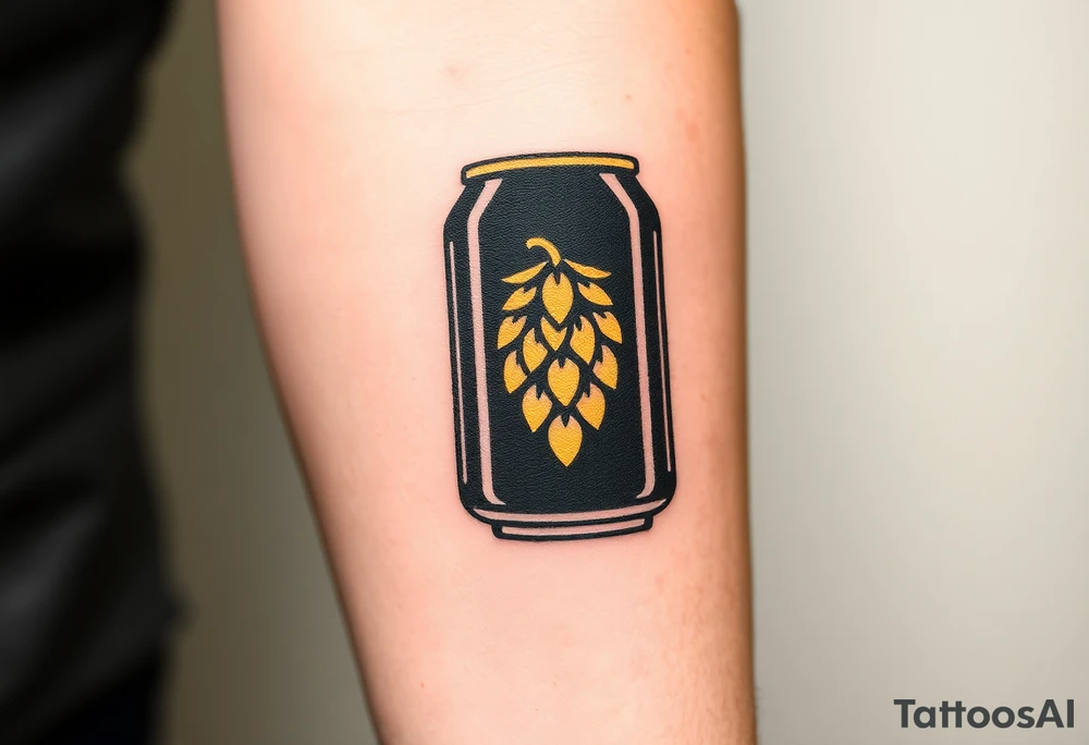 A minimalist black and gold beer can design, with vintage typography and a hop emblem, capturing a sleek and modern aesthetic tattoo idea