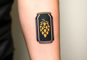 A minimalist black and gold beer can design, with vintage typography and a hop emblem, capturing a sleek and modern aesthetic tattoo idea