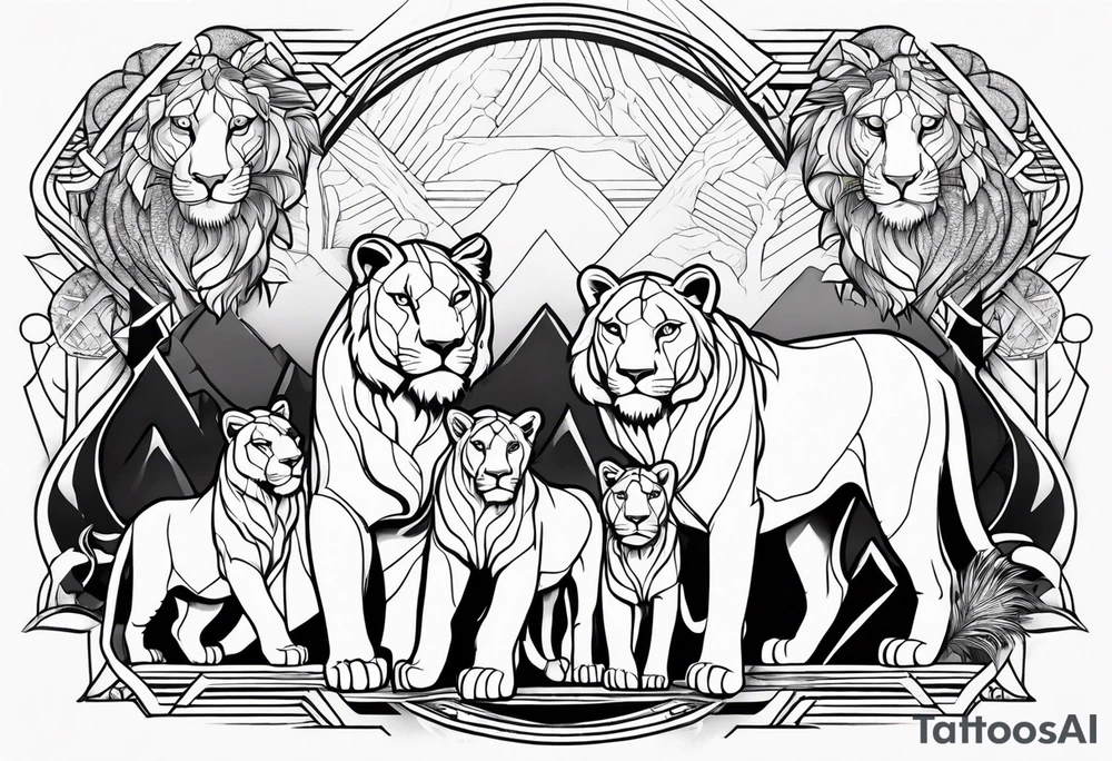 Powerful majestic lioness and four cubs with a rising Phoenix and my name marcia tattoo idea