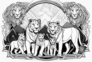 Powerful majestic lioness and four cubs with a rising Phoenix and my name marcia tattoo idea