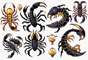 background that represents game development and designs with a scorpion make it magical, and cute scorpion that's feminine add 2023 tattoo idea