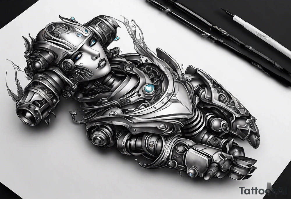 a robotic tattoo on the right arm tattoo idea
