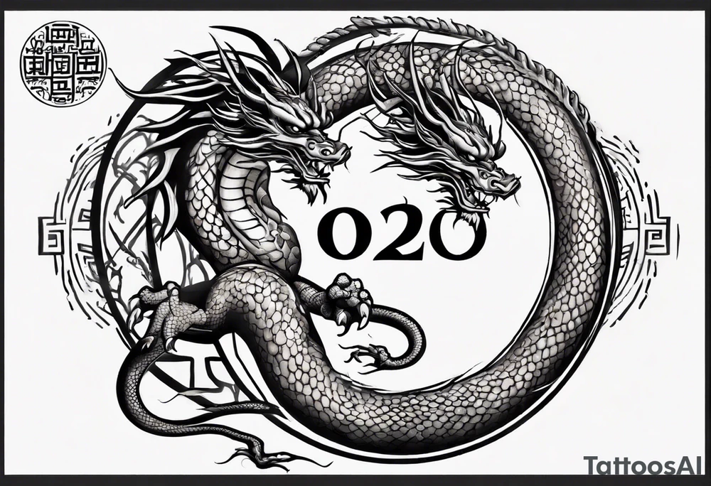 Chinese dragon in a circular shape with "02.03" written on its skin tattoo idea