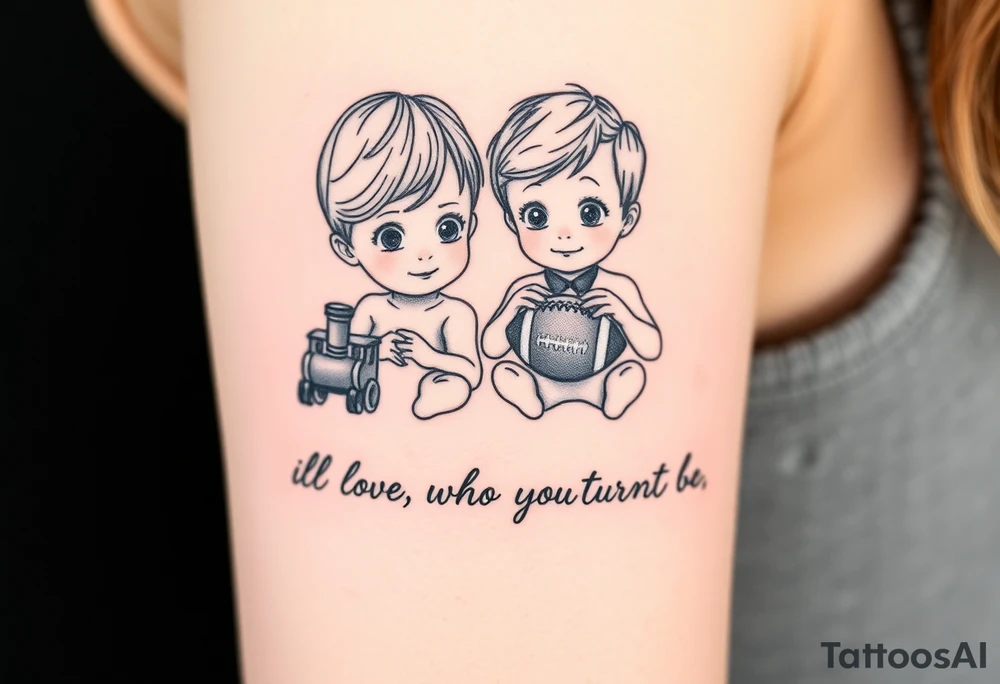 Two little boys one with small toy train one with a football written underneath "ill love who ever you turn out to be" tattoo idea