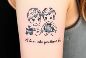 Two little boys one with small toy train one with a football written underneath "ill love who ever you turn out to be" tattoo idea