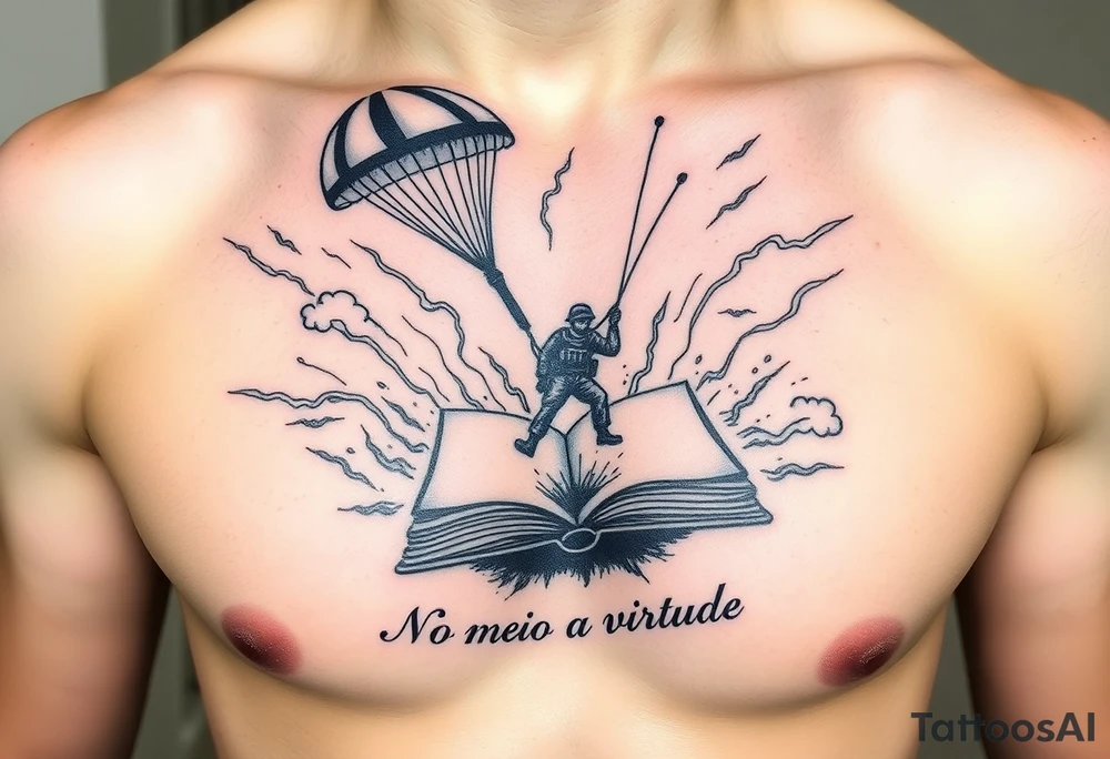 A parachuting soldier landing into an open book. Chaos surrounding, but the book is protecting the soldier from it. On the chest. Make the tattoo smaller. Make it thought provoking. "No meio esta a virtude" underneath the book. Make the chaos in the environment be a thunderstorm tattoo idea