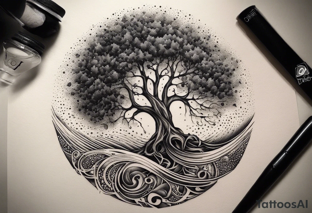 A tattoo design that incorporates the following elements: an abstract tree of life that has roots emerging  from the ground. Waves of water encapsulate the tree and wind around it in an organic way.  Incorporate music.   the letters U and A are overlapping and engraved into the tree. a golf ball incorporated but not prominent. tattoo idea