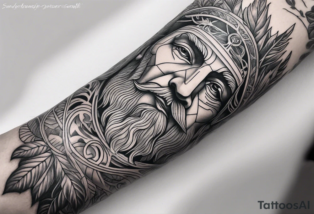 full arm sleeve tattoo with St. Benedict Medal surrounded by jungle plants tattoo idea