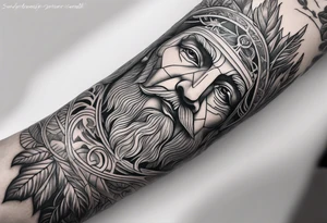 full arm sleeve tattoo with St. Benedict Medal surrounded by jungle plants tattoo idea