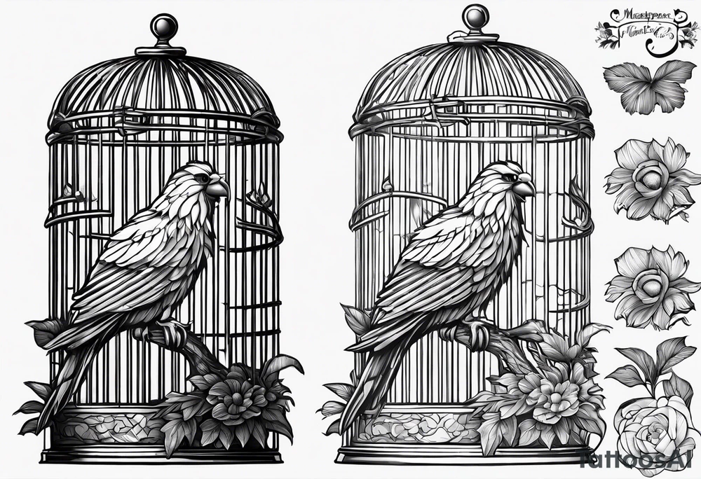 really big bird in a long but too small cage for him. Add decoration on the left top of the cage like 
foliage tattoo idea