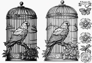 really big bird in a long but too small cage for him. Add decoration on the left top of the cage like 
foliage tattoo idea