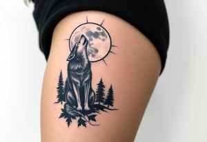 lone wolf howling at full moon with northern lights backdrop tattoo idea