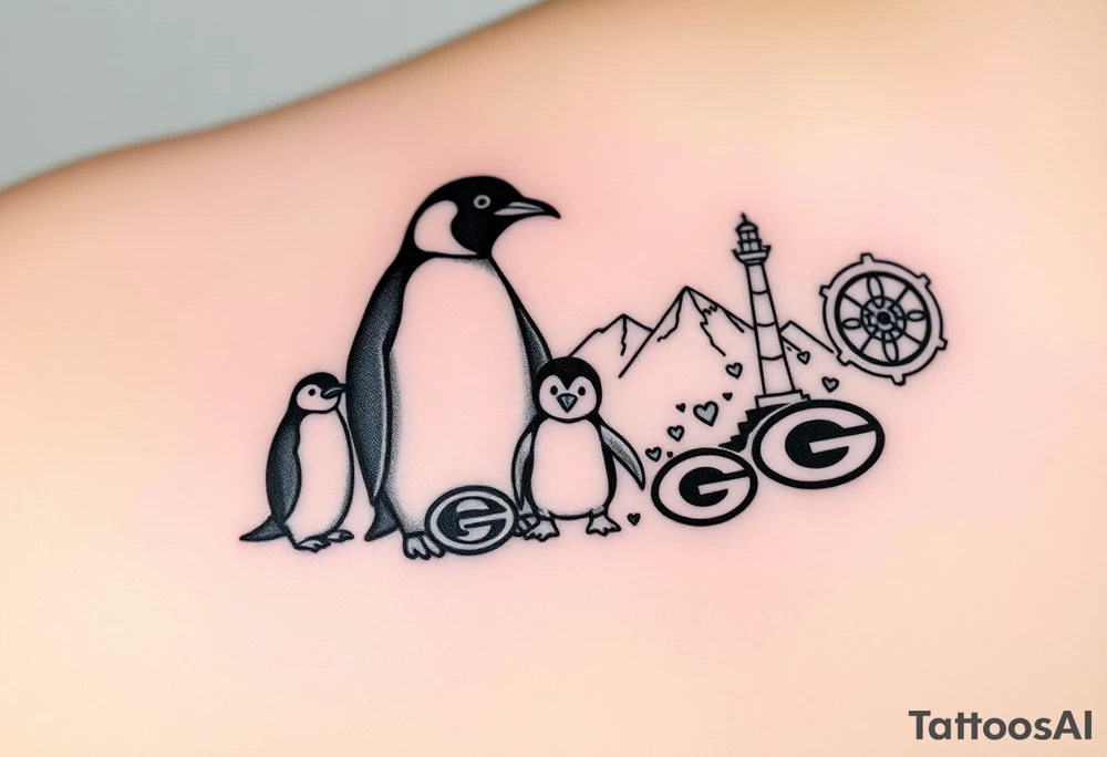 compilation outlining important things in my life such as one adult emperor penguin and 3 baby penguins, celtic trinity knot, lighthouse, mountains/nature, the green bay packers, and something to represent my 3 boys tattoo idea