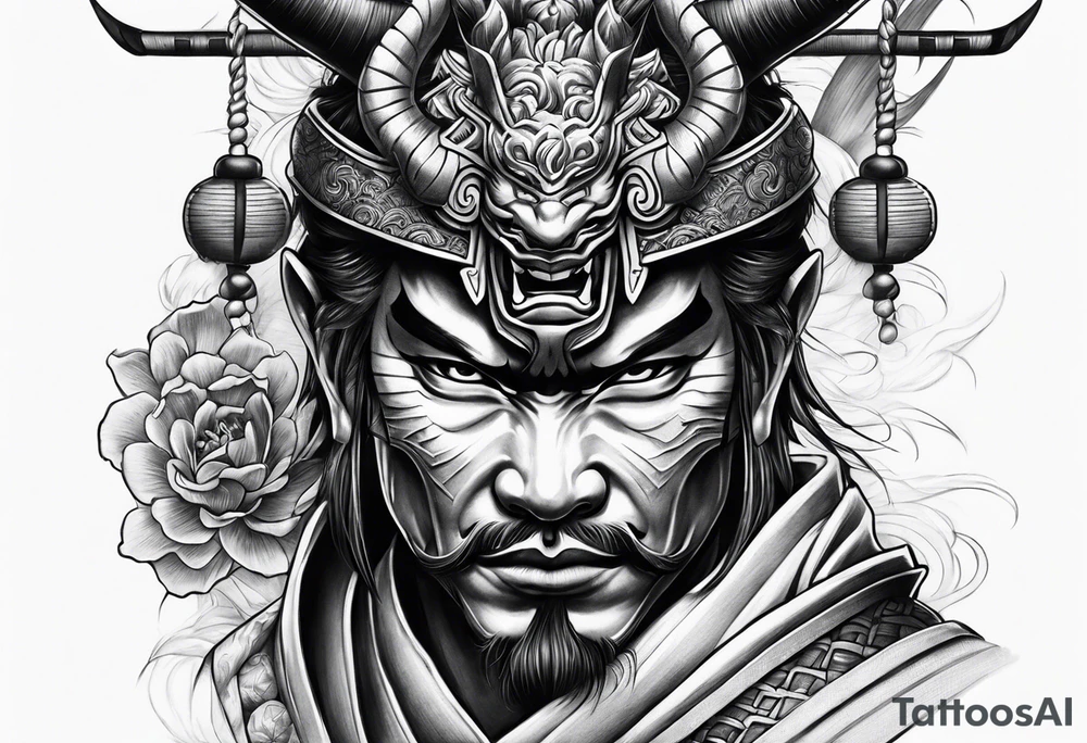 samurai and oni mask leg sleeve tattoo idea