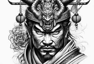 samurai and oni mask leg sleeve tattoo idea