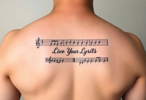 sheet music with the first 1 minute of Santana's song samba pa ti with the phrase "Live Your Lyrics" in fancy cursive between the top and bottom staves tattoo idea
