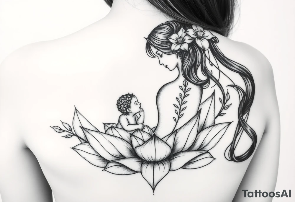 Mère assise en lotus qui allaite son bébé, la mère à une fleur de lys sur la tête et des racines d’arbre de vie tattoo idea