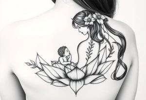 Mère assise en lotus qui allaite son bébé, la mère à une fleur de lys sur la tête et des racines d’arbre de vie tattoo idea