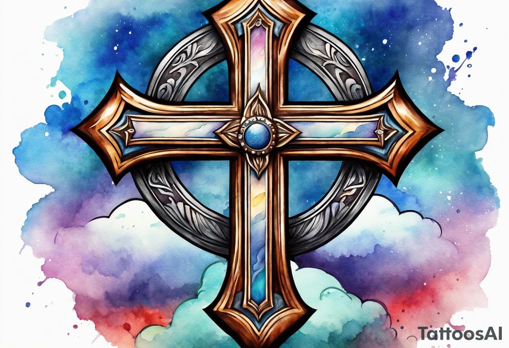 Cross made out of an American football leather with watercolor background tattoo idea