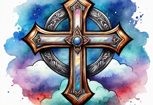 Cross made out of an American football leather with watercolor background tattoo idea