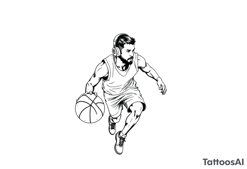 A guy dribbling a basketball with headphones on tattoo idea