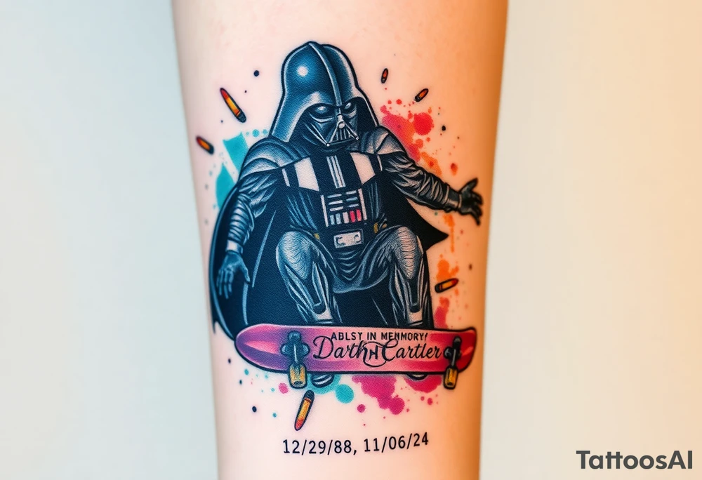 Darth Vader skateboarding > bullets > in loving memory > colors > god > futuristic 
add words "Darth Carter" on skateboard
add date 12/29/88-01/06/24 tattoo idea