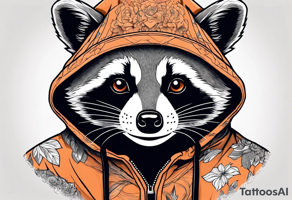 Raccoon wearing an orange Superman hoodie tattoo idea