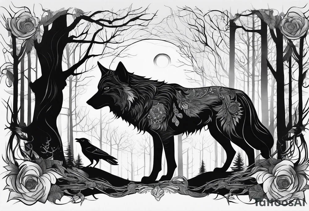 main character ist an impressive wolf, a crow talks to the wolf, background a gloomy forest tattoo idea