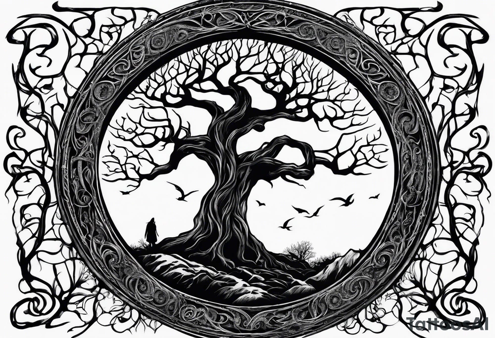 Circular lord of the rings style writing around an ancient twisted tree tattoo idea