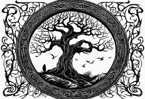 Circular lord of the rings style writing around an ancient twisted tree tattoo idea