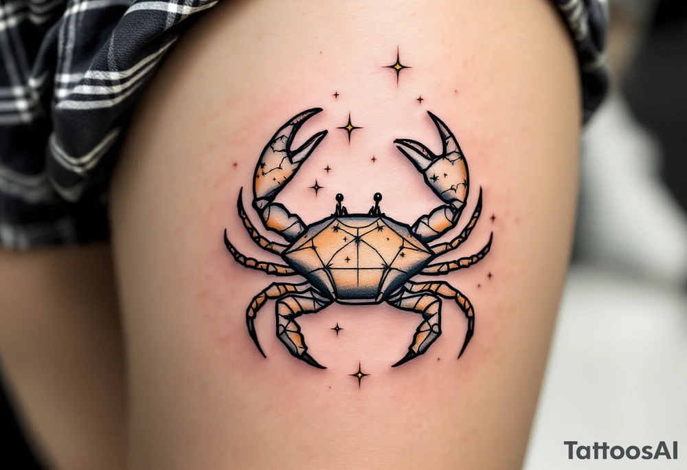 A tiny crab outlined in black anchors the Cancer star constellation traced in twinkling pastel stars. tattoo idea