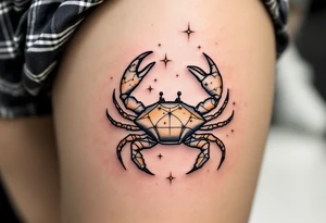 A tiny crab outlined in black anchors the Cancer star constellation traced in twinkling pastel stars. tattoo idea