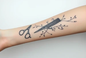 shears running down 3/4 length of the forearm, with a blowdryer,comb, hair color color brush, groups of hair bobby pins and vines woven throuout tattoo idea