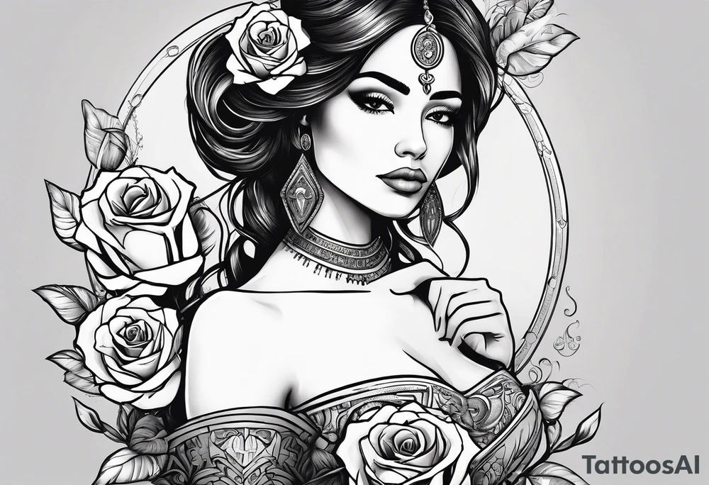 Hispanic/ Latin  woman GODDESS with half skull face, roses, loving heART, strength,  cancer zodiac , time heals all tattoo idea