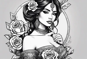 Hispanic/ Latin  woman GODDESS with half skull face, roses, loving heART, strength,  cancer zodiac , time heals all tattoo idea