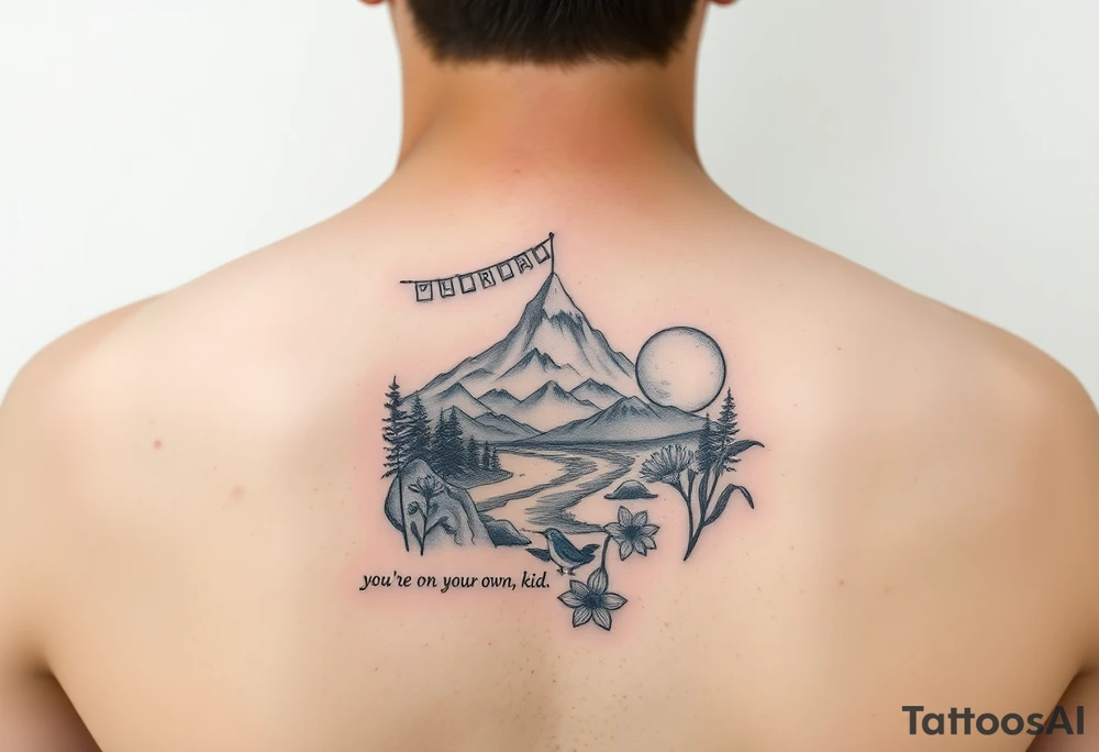 upper arm tattoo with buddhist prayer flags, mountain, river, "you're on your own, kid", little blue bird, daffodil, and full moon tattoo idea