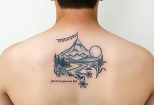 upper arm tattoo with buddhist prayer flags, mountain, river, "you're on your own, kid", little blue bird, daffodil, and full moon tattoo idea