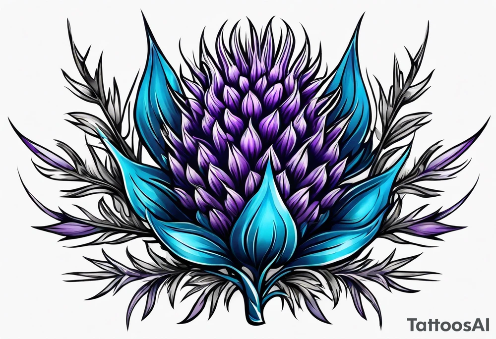 Thin vertical Purple thistle and blue thistle tattoo idea