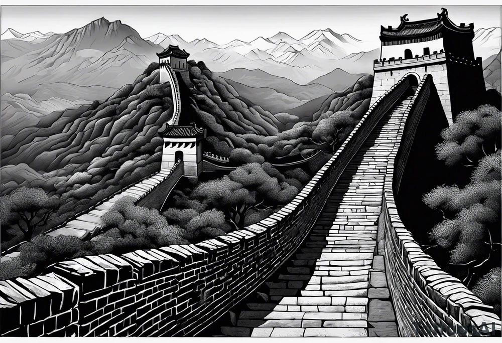 Great Chinese wall, realistic, art, gezeichnet, fine line, black and grey, man, details, Klippe tattoo idea