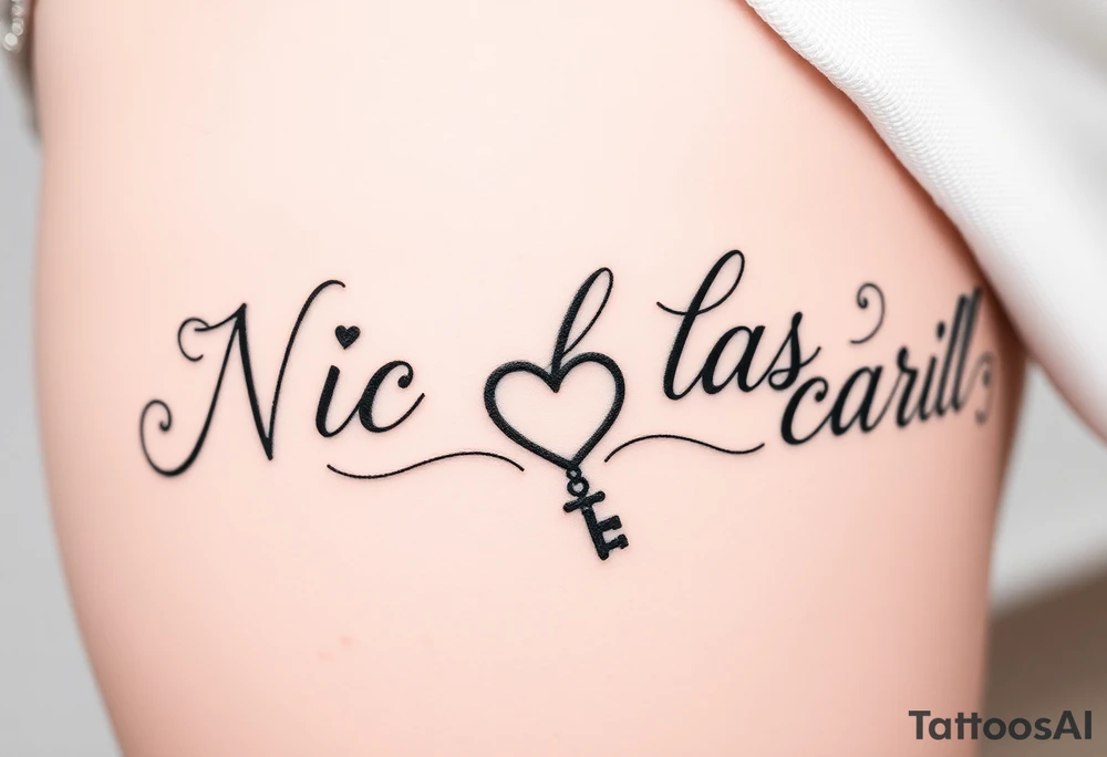 N I c h o l a s C a r r . Cursive font writing with creative swirls running with the letters spelling With a fancy heart and key in it at the end. tattoo idea