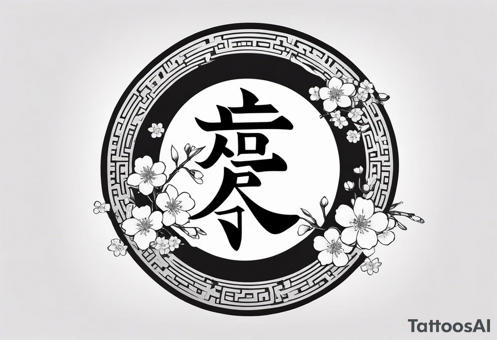 Shadow kanji inside half circle with small cherry blossoms tattoo idea Shadow kanji inside half circle with small cherry blossoms tattoo idea