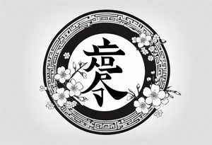 Shadow kanji inside half circle with small cherry blossoms tattoo idea