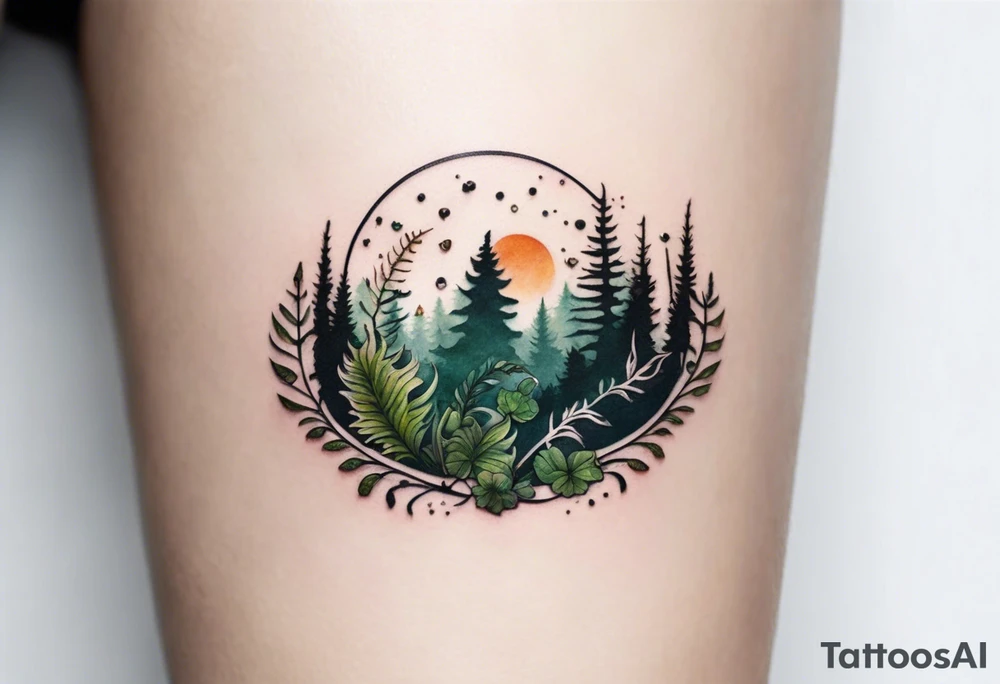 forest floor inspired minimalist tattoo, which includes grass, curly ferns, moss and dead leaves as the bulk of the tattoo. details to include: forest berries, a tiny bumblebee flying nearby, three small brown mushrooms
Generate a vertically long one tattoo idea