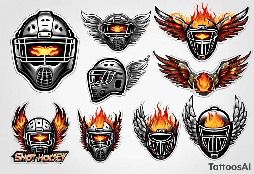 hockey puck with flaming wings and a goalie mask that says "SHOT HOCKEY" tattoo idea