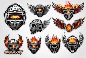 hockey puck with flaming wings and a goalie mask that says "SHOT HOCKEY" tattoo idea
