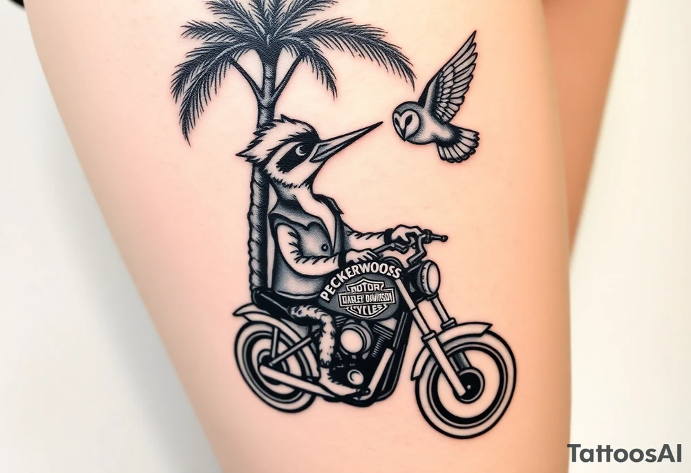 Woody the woodpecker wearing a leather vest that says peckerwoods, on a Harley Davidson under a palm tree, gazing in love at a barn owl tattoo idea