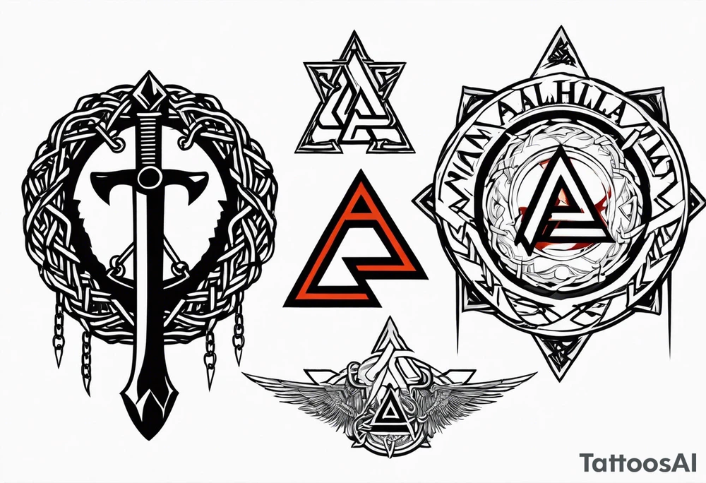Valhalla sword shield axe barbed wire chains valknut fire tattoo idea Valhalla sword shield axe barbed wire chains valknut fire tattoo idea