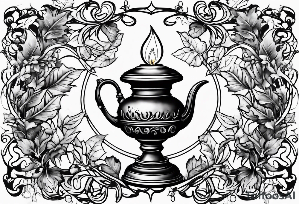 Oil lamp surrounded by leafy vines tattoo idea