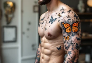 Many different butterflies in many different sizes and colors at least one monarch and in many stages of flight tattoo idea